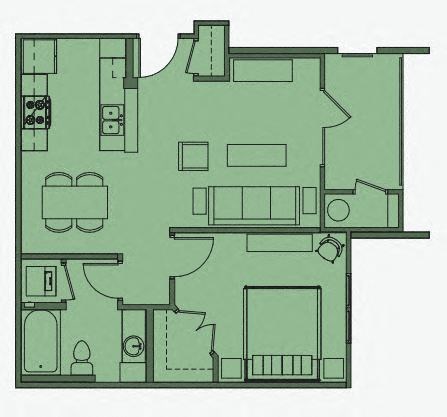 Floor plan for 1 bed, 1 bath, 734 sqft